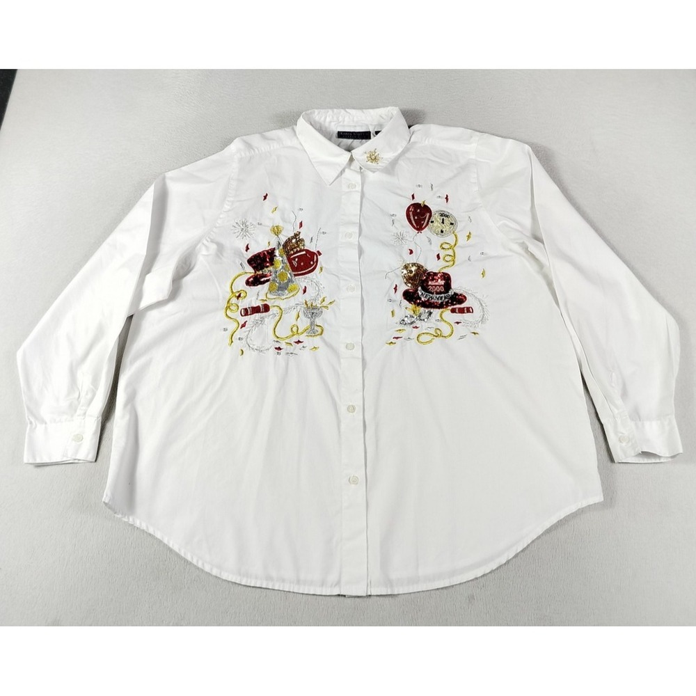 Vintage 2000 Karen Scott II Shirt Womens‎ 1X White New Year Beaded Sequin Party